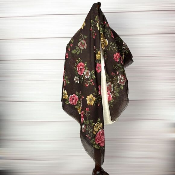Large Square Brown Floral Roses Scarf Shawl Wrap 46x46 - Picture 2 of 10